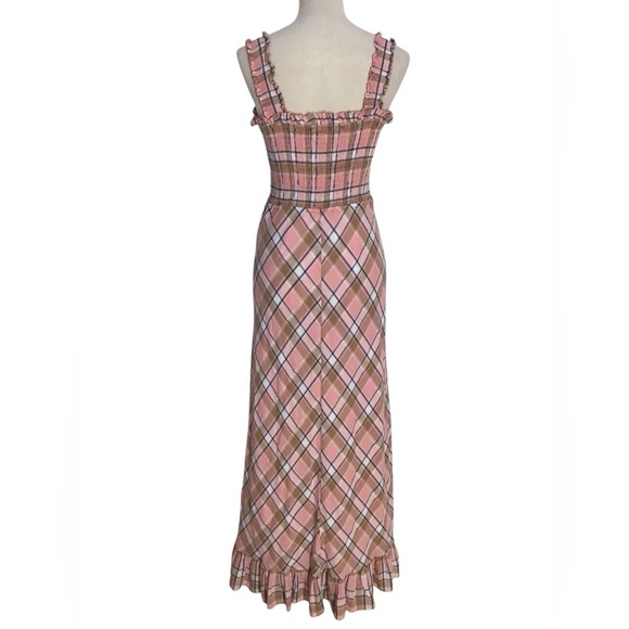 Sundays Beau Smocked Crystal Plaid Ruffle Hem Maxi Dress Cotton Linen Sz Large - Picture 6 of 10